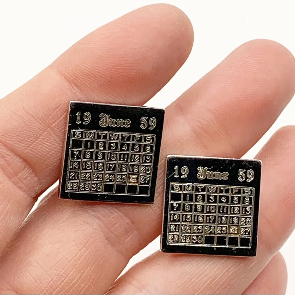 Vintage sterling silver diamond MCM birthdate calendar cuff links June 26 1969